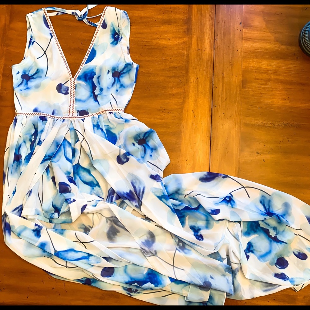 Maxi Romper Dress Chiffon Blue Flowers V-Neck